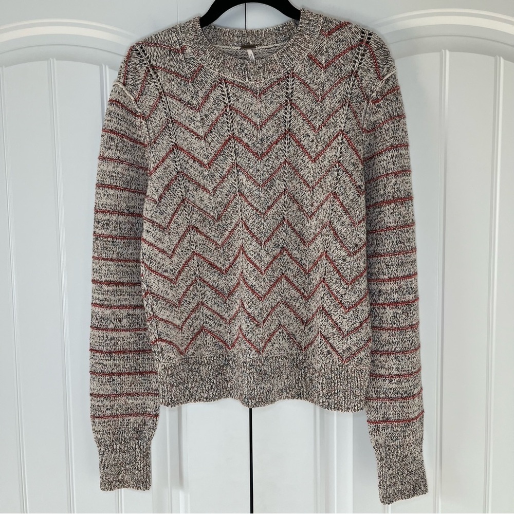 Free People Zig Zag Pullover Sweater Size Medium Cotton Knit Winter - Picture 4 of 10